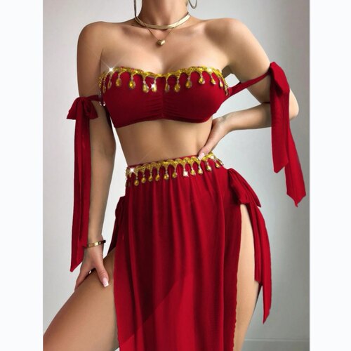 Dance party sexy mesh, gold leaf, tassel tie, bra, high slit