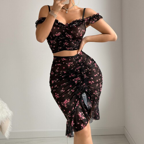 New floral slim fit sexy dress set with pleated lace that ca