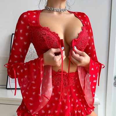 Perspective sexy women's red love lingerie bra short skirt t