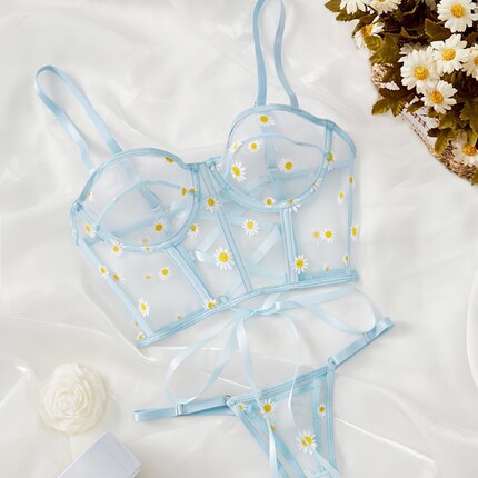 Sexy gathering bone suit blue daisy embroidery pure desire t
