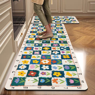 美式 格子厨房地垫专用防滑耐脏免洗可擦脚垫防水防油硅藻泥吸水垫