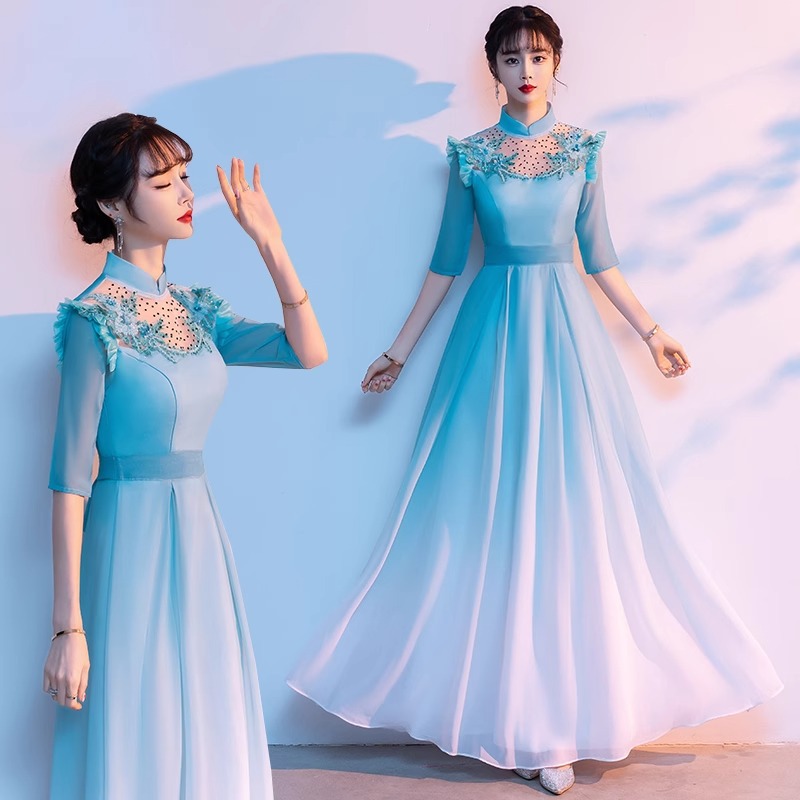 立领大合唱团演出服女新款渐变诗歌朗诵表演礼服裙弹古筝服装女