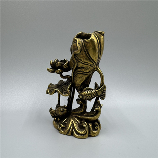 纯铜荷花鲤鱼香插摆件黄铜小金鱼荷叶莲花香拖年年有余招财装饰品