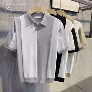 短袖 POLO衫 夏季 冰丝针织衫 t恤男高级感翻领套头条纹上衣 2025新款