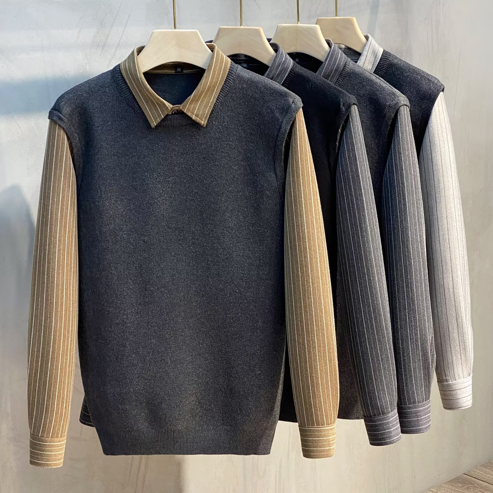 秋冬季英伦男士修身复古假两件针织衫韩版毛衫拼接衬衫领轻奢外套