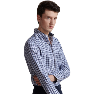 蓝白碳面磨毛格子衬衫长袖全棉修身易打理商务休闲长绒棉格纹衬衣