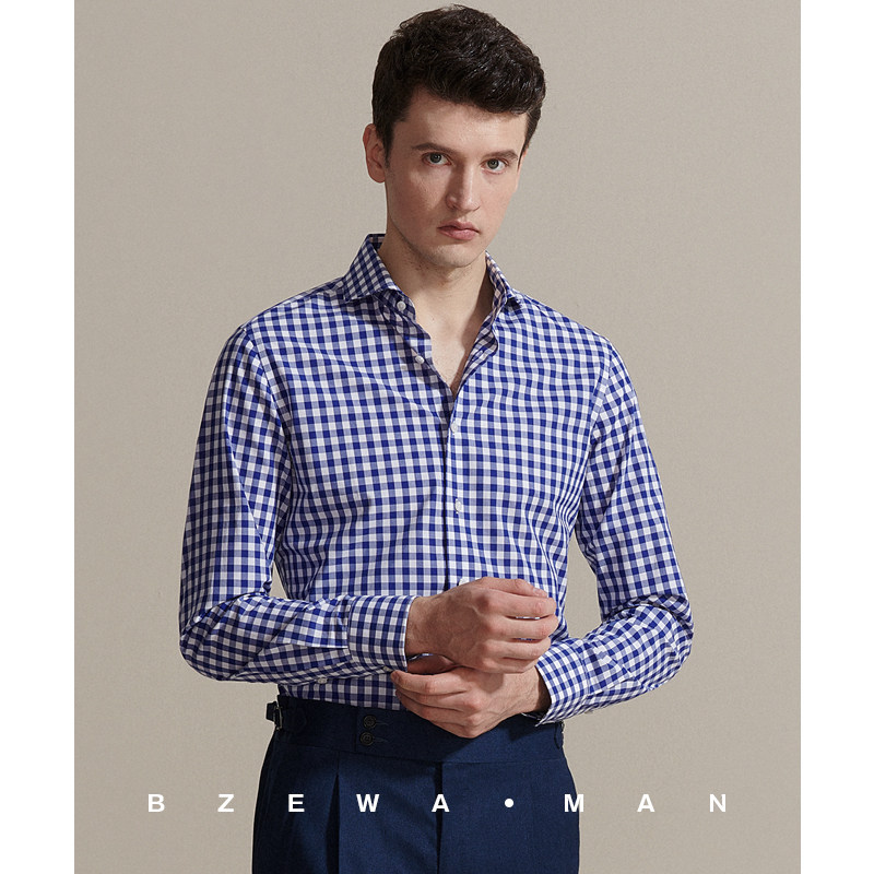 蓝色格纹衬衫男修身易打理纯棉温莎领商务休闲长绒棉蓝白格子衬衫