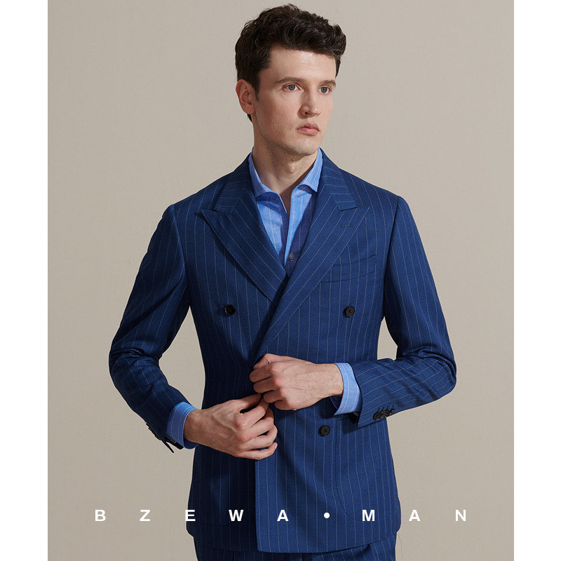 蓝色条纹双排扣西服男套装意式高定戗驳领商务修身潮流英伦风西服