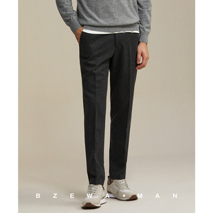 免烫人字纹休闲英伦毛呢西裤 巴泽华秋冬厚款 深灰休闲裤 修身 男 意式