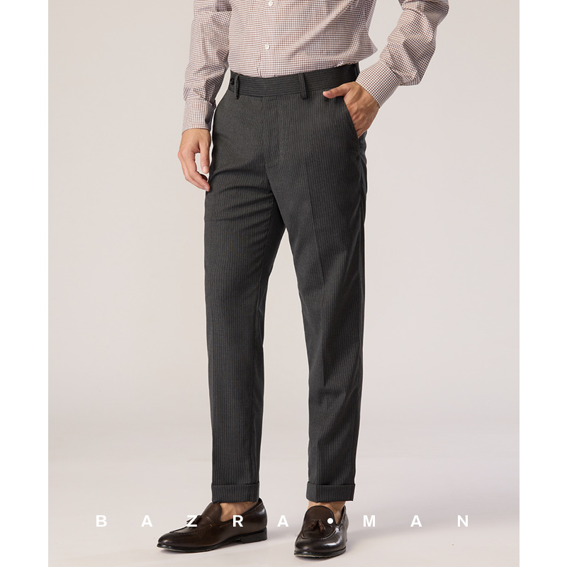 巴泽华意式灰色条纹那不勒斯男士西裤修身免烫翻边裤脚防滑设计