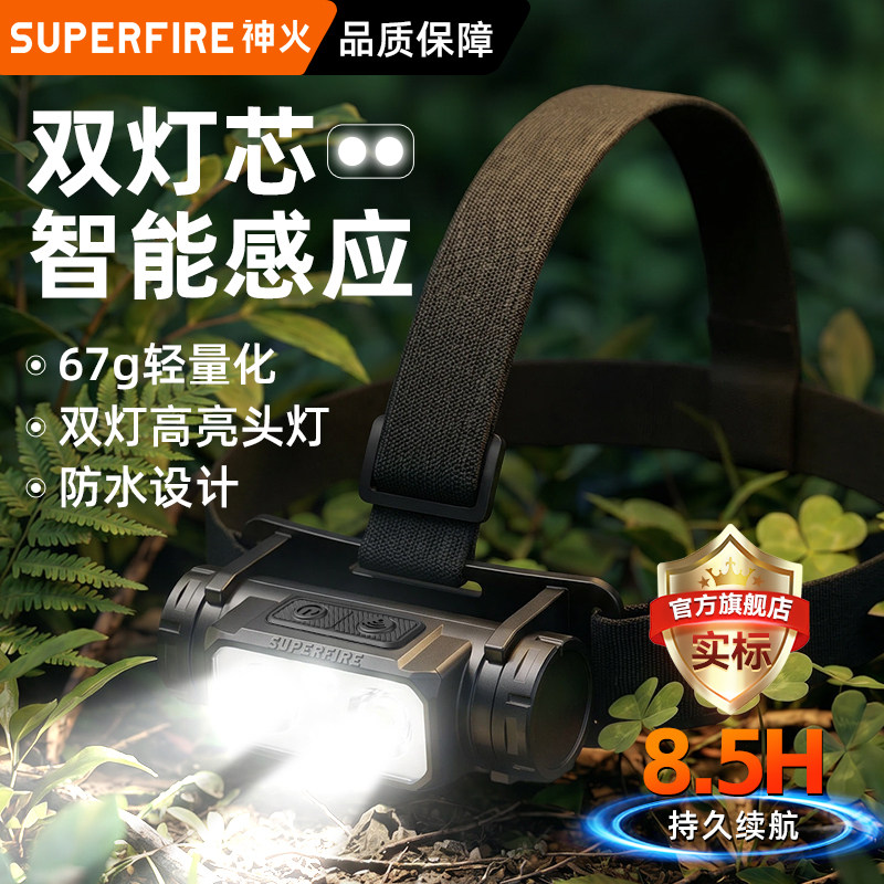 神火头灯强光充电超亮感应头戴式照明超长续航户外钓鱼登山小型