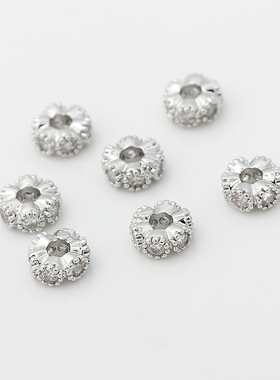 保色14K包金锆石隔珠6mm镶钻雪花隔片铜镀925纯银珠散珠diy配件