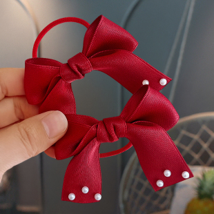 儿童红色绸缎蝴蝶结头花发饰小姑娘扎小辫子发圈头绳结实不伤发黑