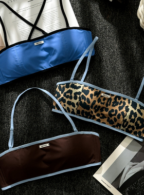 美式撞色豹纹抹胸挂脖内衣女细肩带海边度假比基尼外穿运动文胸罩