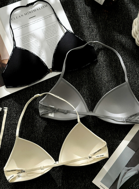 细肩带法式三角杯挂脖内衣女美背外穿性感隐形露背前扣无痕文胸罩