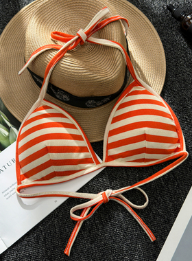 条纹挂脖绑带内衣女三角杯比基尼小胸薄款内搭吊带性感美背文胸罩