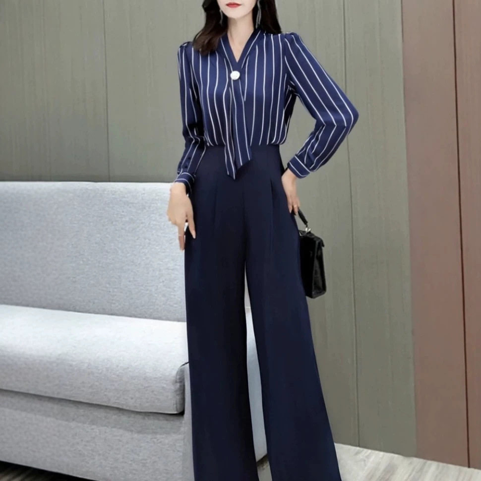 [现货]2026春季新款日常通勤显瘦套装女条纹衬衫阔腿西装裤两件套