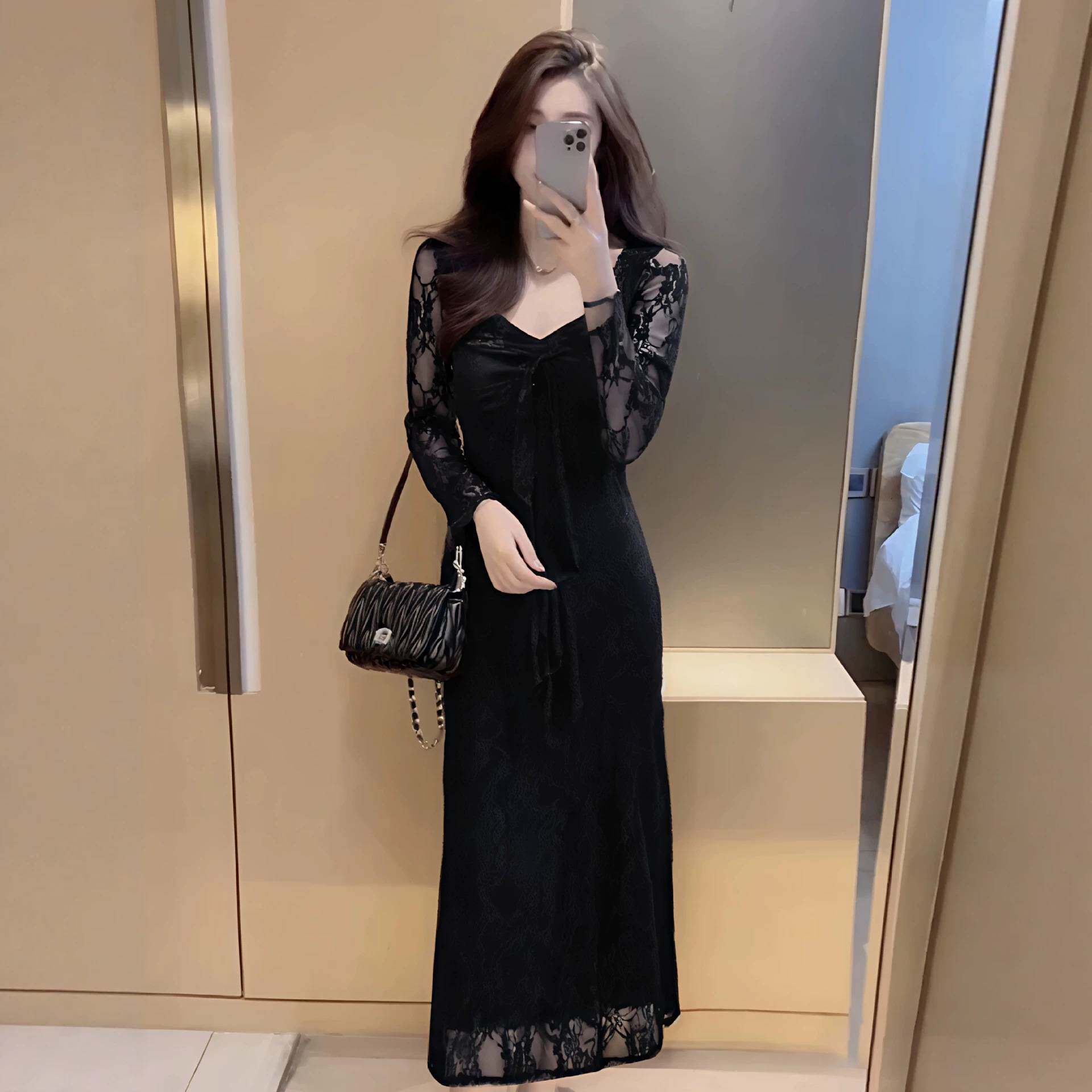[现货]春秋款黑色法式浪漫风蕾丝性感连衣裙女收腰显瘦绝美中长裙