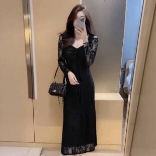 [现货]春秋款黑色法式浪漫风蕾丝性感连衣裙女收腰显瘦绝美中长裙