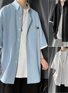 高品质酷丝棉港风夏季衬衫 潮牌男孩13-16岁花衬衣薄外套外穿寸衣