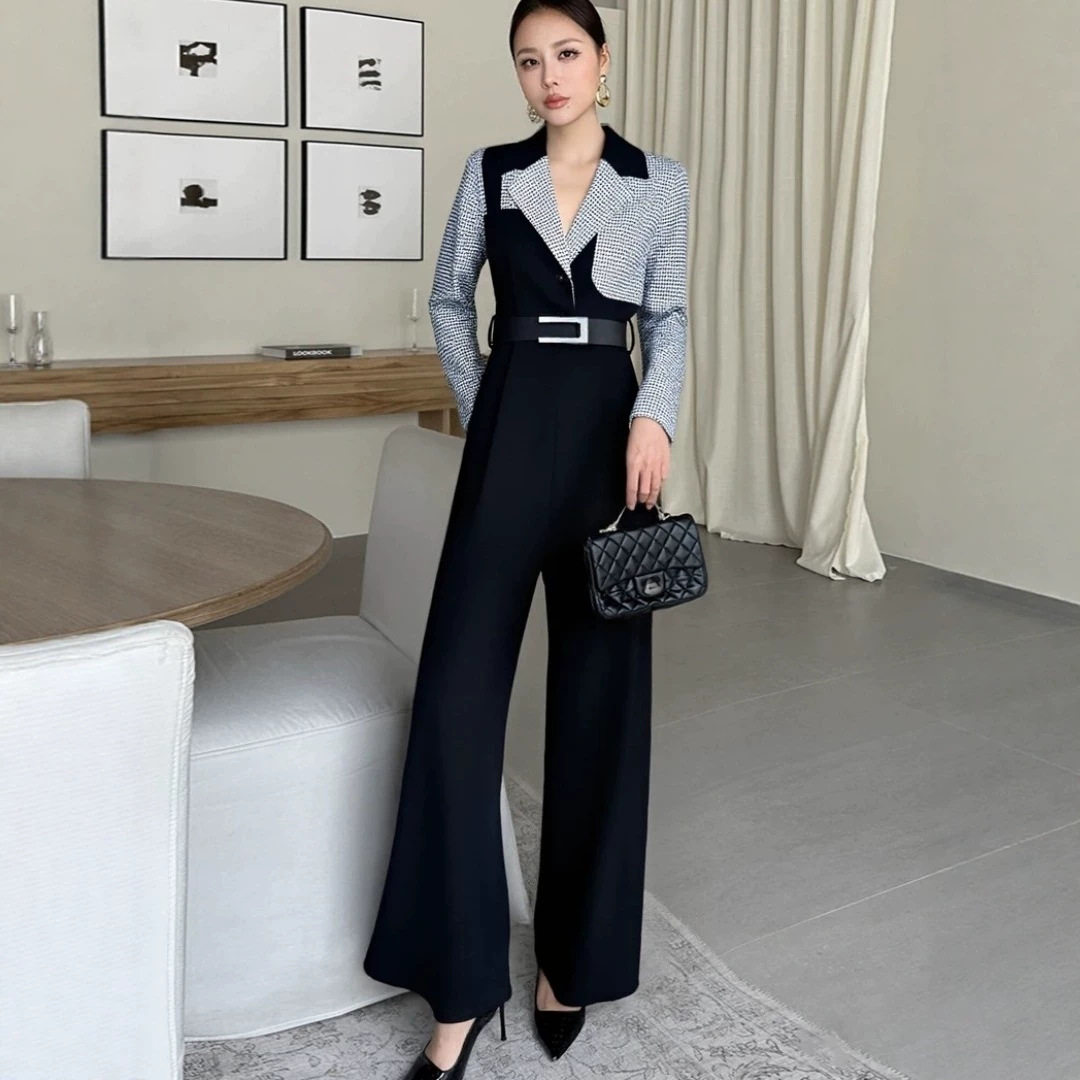 [现货]2026春秋新款气质连衣裤女高级感时尚千鸟格子拼接连体长裤