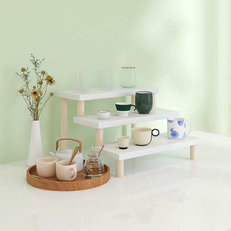 桌面水杯收纳置物架办公室台面多层实木杯架子创意阶梯杯子展示架