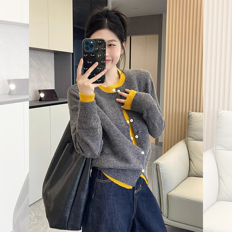 灰色设计感假两件针织开衫女春秋高级感上衣开春韩系穿搭毛衣外套