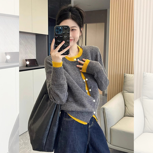 灰色设计感假两件针织开衫女春秋高级感上衣开春韩系穿搭毛衣外套