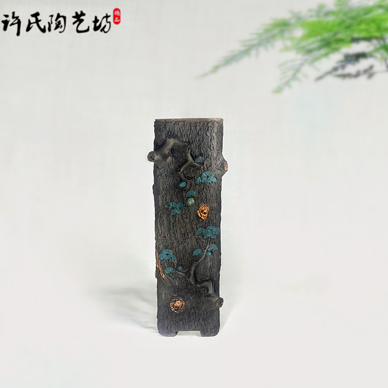 紫砂手工树桩仿生高筒花盆悬崖树根景观创意盆大号签筒四方松叶i.