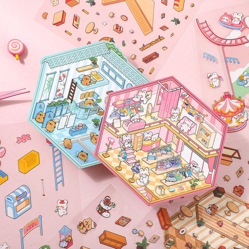 创意3d立体小屋造景贴纸烘焙店铺微缩场景贴纸儿童手账动物拼贴