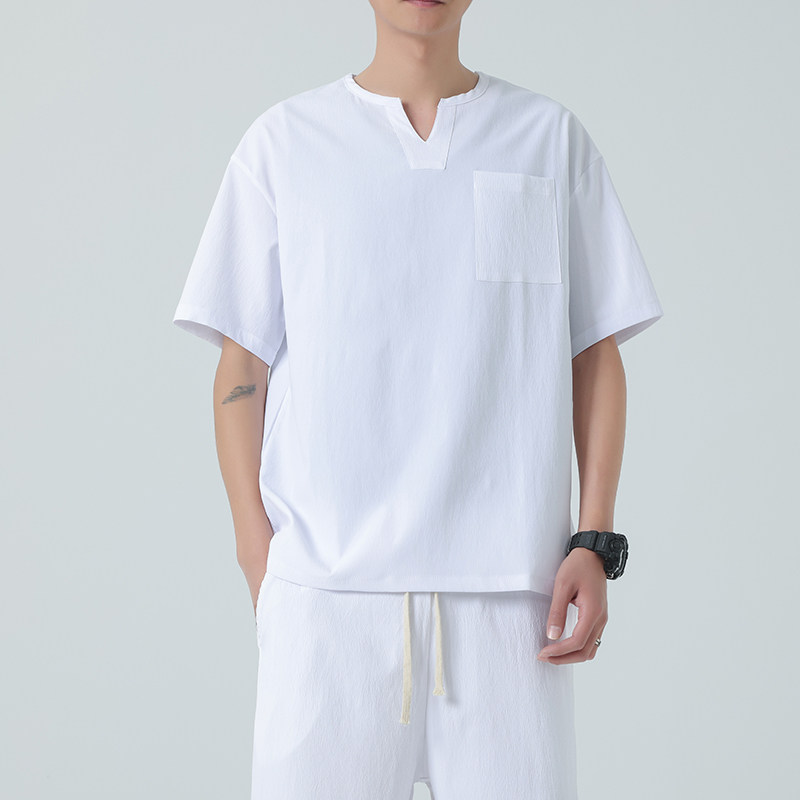 纯色夏季短袖t恤男装V领上衣服潮牌潮流ins男生宽松半袖T T01P25图片