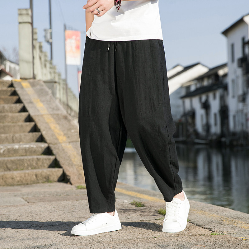风夏季冰丝棉麻裤男士哈伦长裤日系潮流大码阔腿沙滩裤K34P40图片