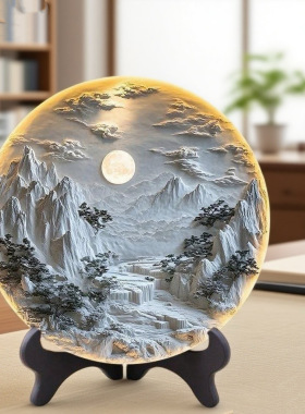 浮雕壁画立体感图片紧致圆盘摆台新中式客厅书房创意装饰桌面摆件