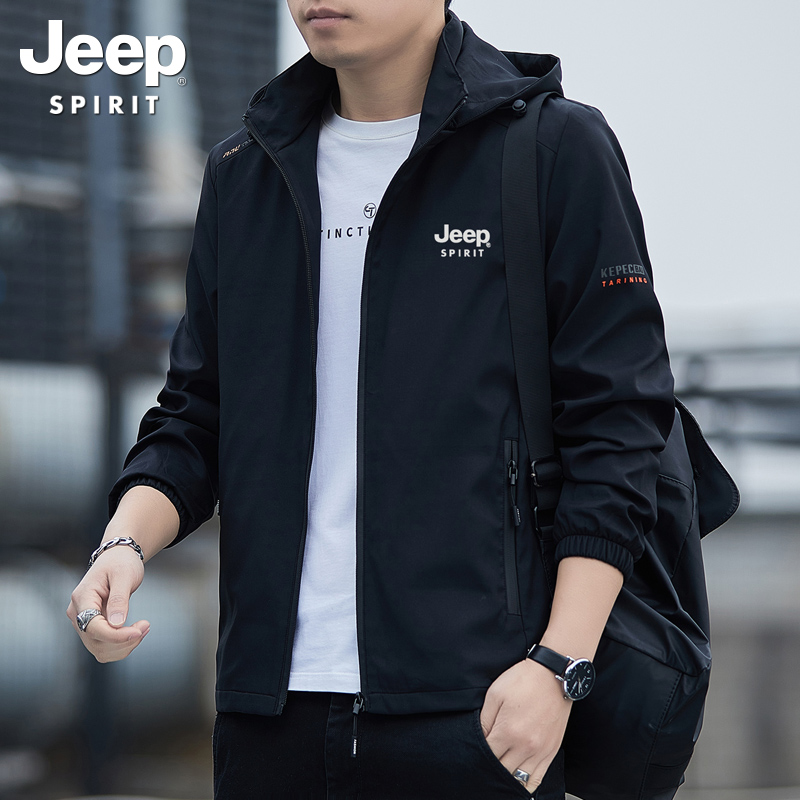 JEEP2024春秋季新款外套男士连帽薄款风衣运动休闲茄夹克上衣春装