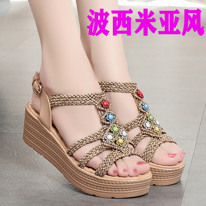 坡跟凉鞋女款沙滩鞋透气编织女鞋