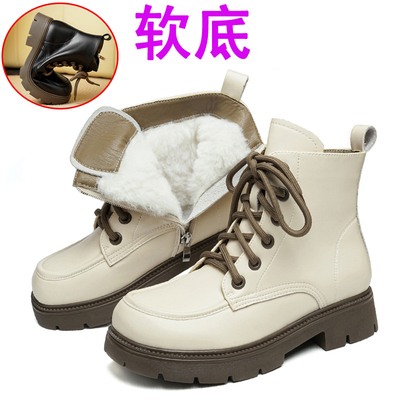 女款马丁靴女棉鞋米白色羊毛短靴