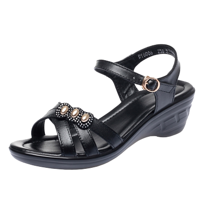 真皮妈妈鞋凉鞋女一字扣坡跟女鞋