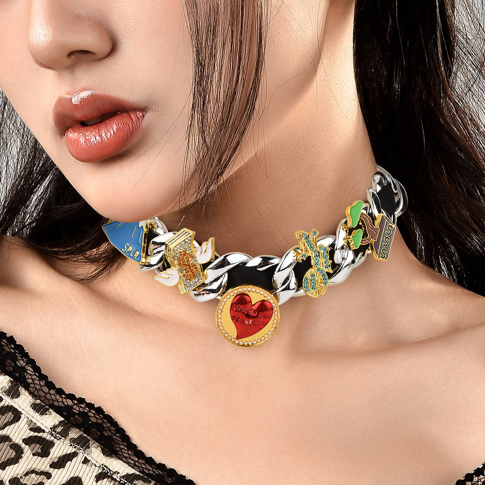 Nbo王嘉尔同款爱心嘻哈夸张项链锁骨链朋克重工choker潮牌颈链