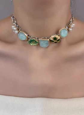 y2k甜辣酷妹蓝绿色花朵choker钛钢锁骨链度假风绿野仙踪小众项链