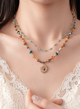 14K真金电镀松石串珠太阳花吊坠项链小众复古民族风锁骨链高级女