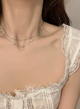 双层叠戴四叶草项链女s925纯银简约时尚气质小众高级感锁骨项链