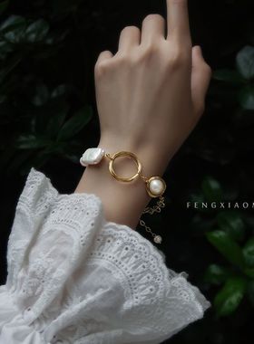 vintage复古手链ins精致高级感轻奢小众巴洛克天然淡水珍珠手镯