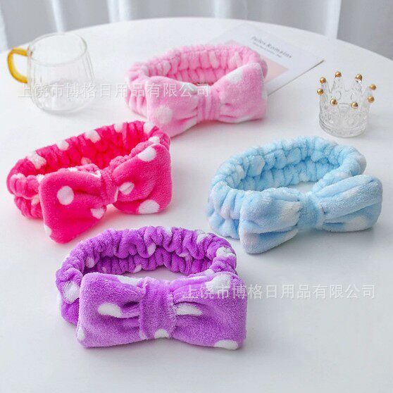 韩版可爱圆点条纹头带蝴蝶结束发带毛绒发饰洗脸发箍化妆敷面膜