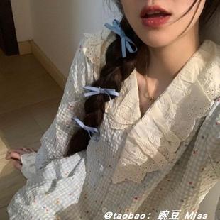 韩版 ins春秋甜美蕾丝碎花睡衣女日系简约长袖 长裤 学生家居服套装