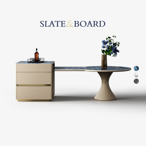 岩板圆岛台餐桌一体可伸缩倒台桌