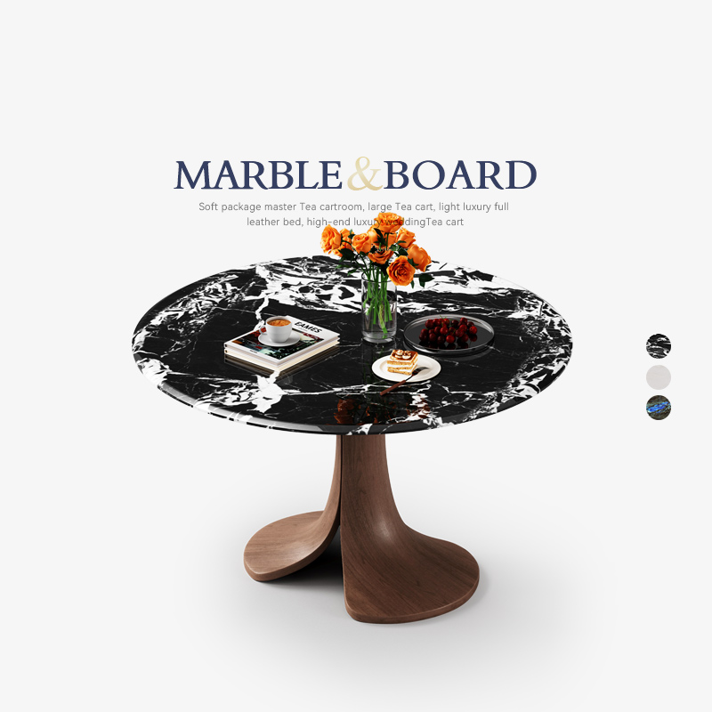 中古风餐桌实木大理石小圆桌家用