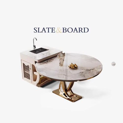 轻奢岩板岛台圆餐桌一体伸缩倒台