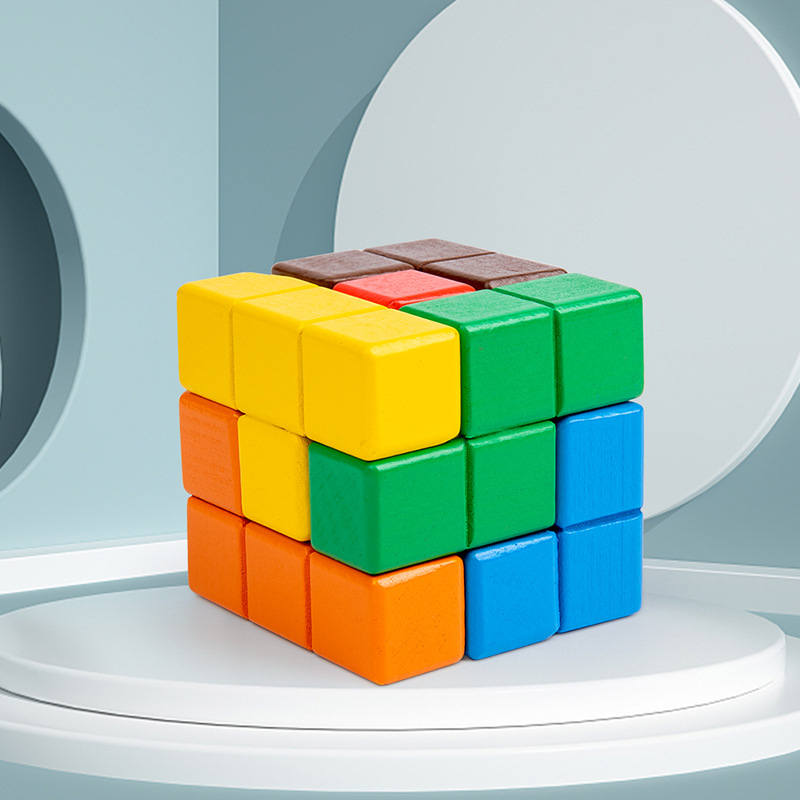索玛立方体木质魔方拼板古典木制益智积木玩具 彩色俄罗斯方块
