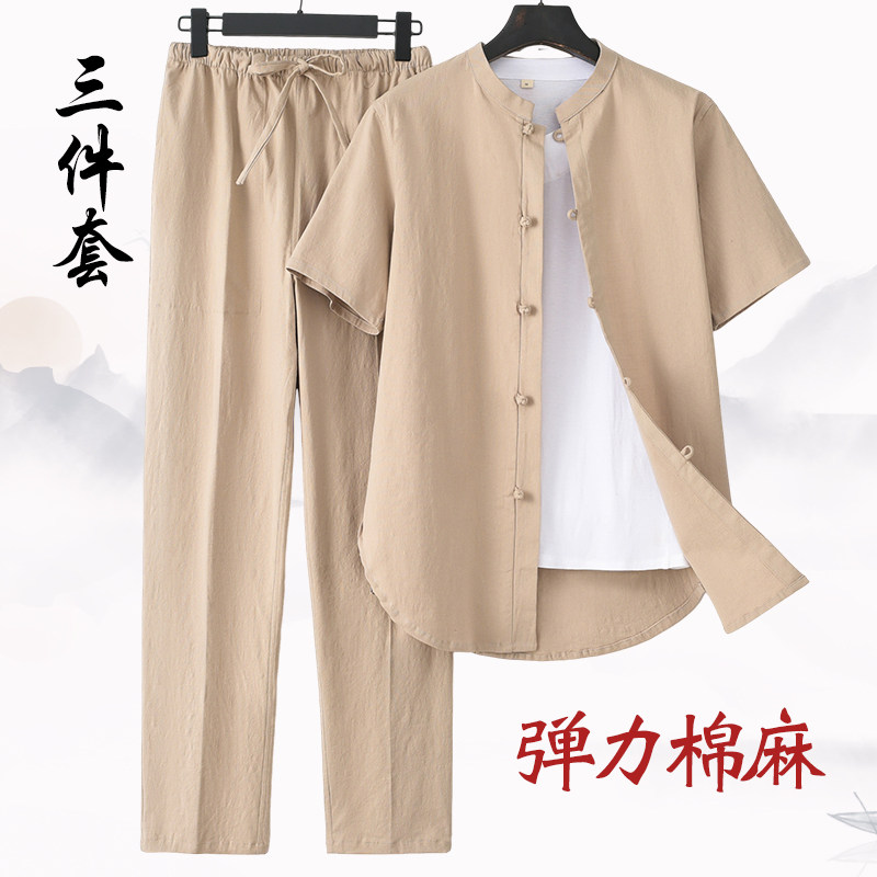 唐装弹力款中式复古短袖套装棉麻