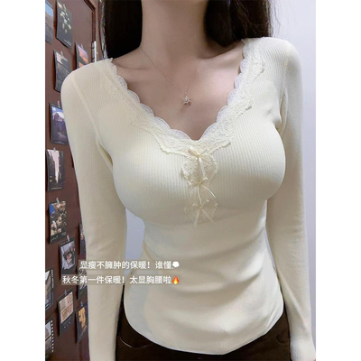 内搭短款小衫蕾丝V领德绒打底衫